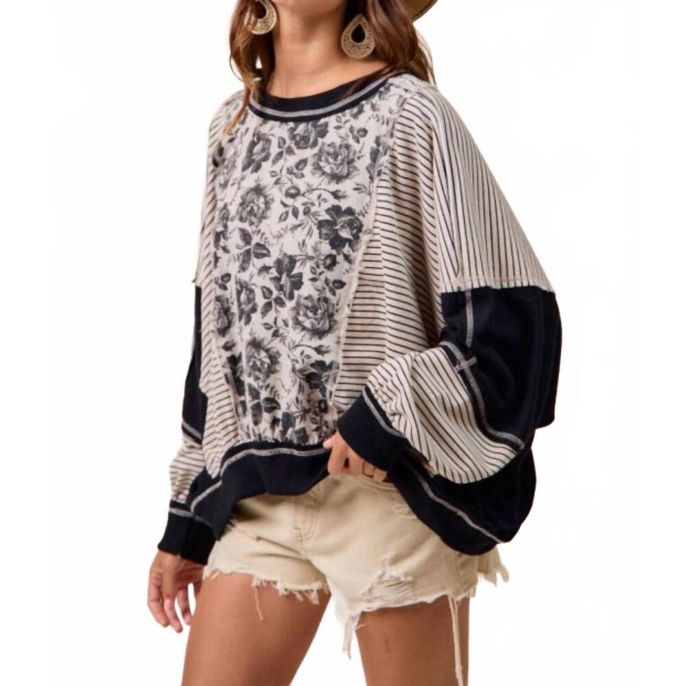 NEW BIBI rose twill and stripe mix and match top in grey/black - Picture 2 of 4